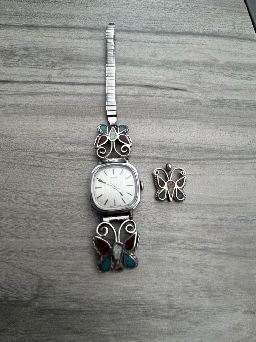 Sterling Silver Butterfly Inlay Watch Bracelet with pendant.